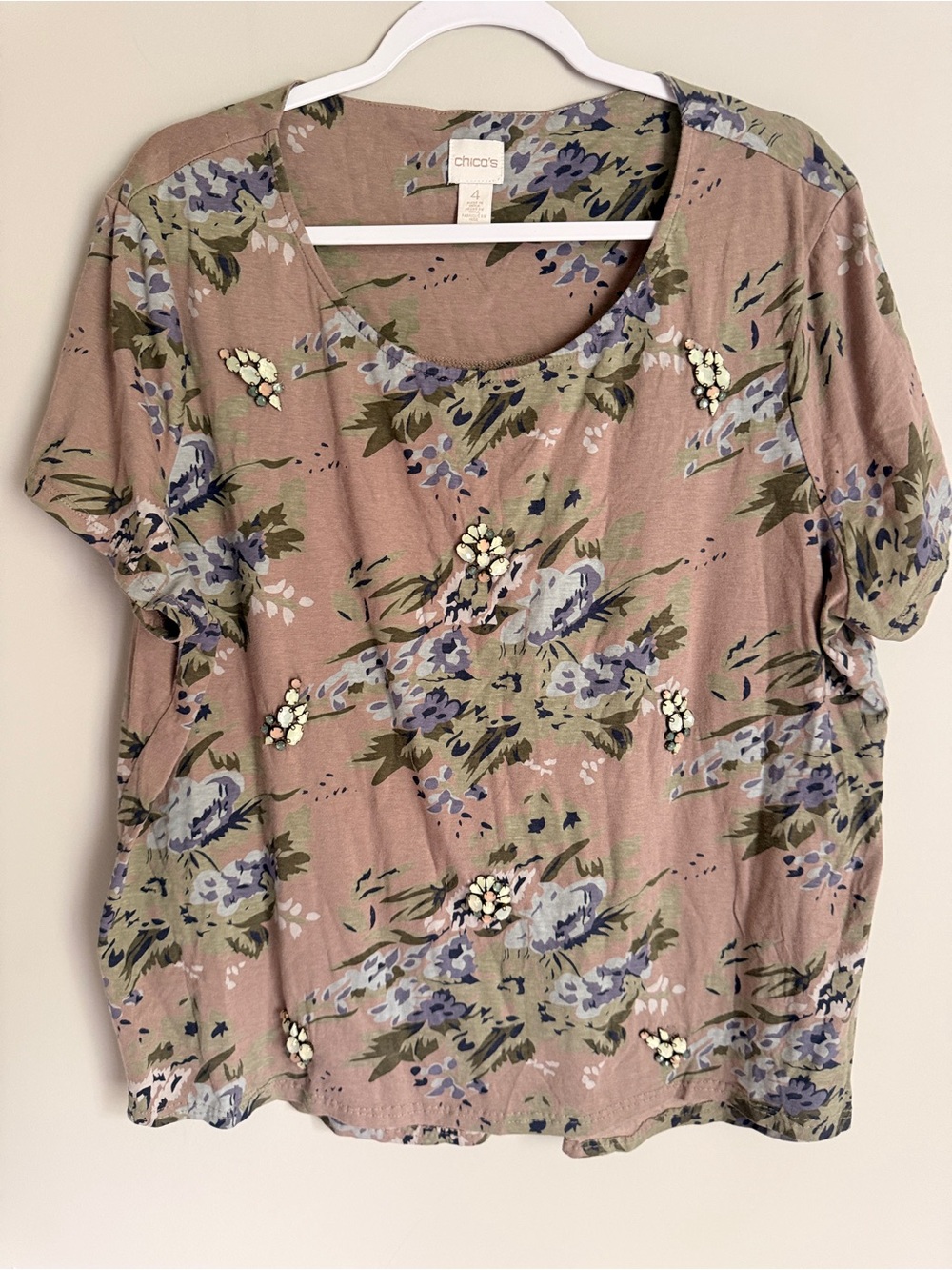 Chico's Floral Bouquet large jewels Scoop Neck Short Sleeve Top size 4